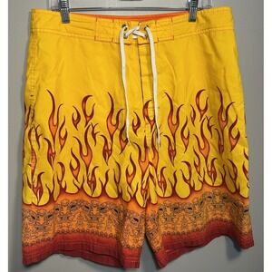 Mens 34 Board Swim Beach Shorts Yellow Flames Tiki Hawaiian Utility